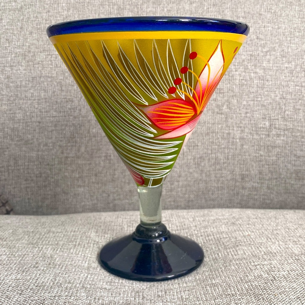 Mexican martini/margarita glass; yellow florals with hints of blue & red - Picture 2 of 4